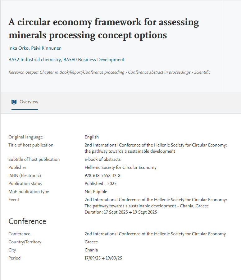 A circular economy framework for assessing minerals processing concept options. VTT