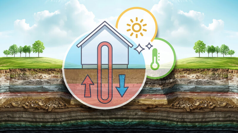 Kaavio geoenergian kulusta talon alla, nuolet ylös ja alas maaperässä. Taustakuvana kerroksellinen poikkileikkaus maaperästä.